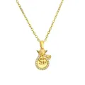 Gold dollar sign money bag pendant necklace with sparkling crystal halo on white background - Money Bag Style (CN001677HH)