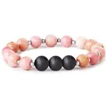 Pink gemstone bracelet with black lava beads and silver spacers on elastic band - Rhodonite & Black Lava Stone