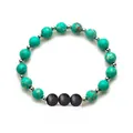 Turquoise bead elastic bracelet with silver spacers and black lava stone accents - Green Emperor Stone & Black Lava Stone