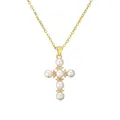 Elegante collana a croce dorata da donna con perle bianche e zirconi scintillanti - Stile Croce Intarsiata di Perle (CN001598YH)