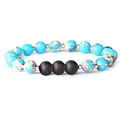 Elastic beaded bracelet with blue marble stones, black lava rock and silver spacers - Blue Emperor Stone & Black Lava Stone