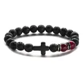 8mm black lava stone beaded bracelet with matte cross and red agate accents on white backdrop - 8mm Bead Diameter/19cm Circumference / Lava Stone + Rose Red Tiger Eye