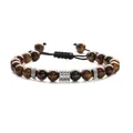 Adjustable tiger eye beaded bracelet with silver metal charms on a white background - Yellow Tiger Eye