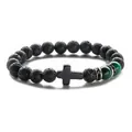 8mm Matte Onyx and Tiger Eye Beaded Bracelet with Black Cross and Pave Crystal Accents - 8mm Bead Diameter/19cm Circumference / Lava Stone + Green Tiger Eye