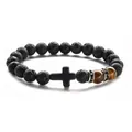 Black lava stone beaded bracelet with tiger eye beads and a cross pendant charm - 8mm Bead Diameter/19cm Circumference / Lava Stone + Yellow Tiger Eye