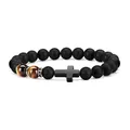 Matte black onyx beads bracelet with natural tiger eye stones and a black cross charm - 8mm Bead Diameter/19cm Circumference / Matte Agate + Yellow Tiger Eye