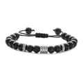 Adjustable matte black beaded bracelet with textured silver-tone metal spacers and cord - Matte Stone