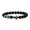 8mm matte black agate beads bracelet with green malachite accents and cross charm - 8mm Bead Diameter/19cm Circumference / Matte Agate + Green Tiger Eye