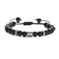 Adjustable black bead bracelet with carved silver accents for men and women - Glossy Black Stone Bracelet