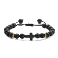 Adjustable black lava stone beaded bracelet featuring a cross charm and gold pavé accents - Volcano