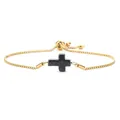 Minimalist gold box chain bracelet with sparkling black cross charm and slider clasp - Cross Style / Blue Sandstone