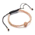 Rose gold copper beads bracelet with black woven cord and pave zircon ball charm - 10mm Micro Pave Ball / Rose Gold + White Zircon