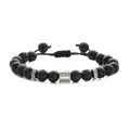 Adjustable black lava stone beaded bracelet with silver metal charms for men and women - Volcano
