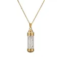 Golden perfume bottle necklace featuring a crystal gravel pendant with Greek fret patterns - 304 Gold Opal