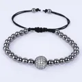 Handmade woven bracelet with dark grey beads and micro-pave white zircon crystal ball - 10mm Micro Pave Ball / Black + White Zircon