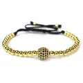 Handmade gold beaded bracelet with a black micro-pave zircon ball and adjustable cord - 10mm Micro Pave Ball / Gold + Black Zircon