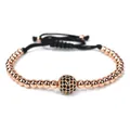 Handmade woven bracelet with rose gold beads and micro-pave black zircon ball charm - 10mm Micro Pave Ball / Rose Gold + Black Zircon