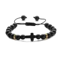 Matte black natural stone bead bracelet with cross pendant and golden rhinestone spacers - Frosted