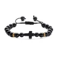 Blue sandstone cross beaded bracelet with black woven cord and golden crystal accents - Blue Sandstone
