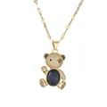 Golden teddy bear necklace with micro-paved zircons and a large navy blue oval gemstone - Blue