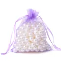Bolsa de organza morada con cordón y perlas blancas redondas para empaque de joyas - Aprox. 7x9cm (10 Unidades/Paquete) / Púrpura
