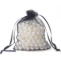 Bolsa de organza negra con cordón y perlas blancas para empaque de joyería - Aprox. 7x9cm (10 Unidades/Paquete) / Negro