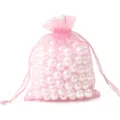 Bolsa de organza rosa con cordón y perlas blancas redondas para manualidades DIY - Aprox. 7x9cm (10 Unidades/Paquete) / Rosa