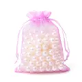 Bolsa de organza morado claro con cordón y perlas blancas para embalaje de joyería - Aprox. 7x9cm (50 Piezas/Paquete) / Violeta Claro