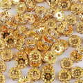 Flache runde Gold-Zwischenperlen mit Strasssteinen für DIY-Schmuckherstellung - Goldenes Rad Stil (BJA065) / 50 Stück/Packung (Durchmesser 4mm) / Galvanisiert Gold Mit Weißem Strass