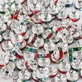 Silver plated spacer beads with colorful rhinestones for DIY jewelry making - Diameter 6mm (50 Pieces/Pack) / Silver Color with Multicolor Rhinestones