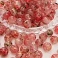 Cuentas de vidrio teñido en rosa con pan de oro para crear joyas y collares DIY - Perla Redonda de Tinta y Pan de Oro / 8mm Agujero Aprox 1mm 50Pzs/Paquete / Rosa fuerte