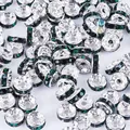 Silver plated rondelle spacer beads with green crystals for DIY jewelry making - Silver Color with Dark Green Rhinestones