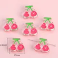 Pendentifs cerise en acrylique rose pour bricolage, perle de 24x27mm avec feuille - Cerise Couleurs Mélangées Aléatoires / 27x24mm (4 Pièces/Paquet)