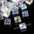 AB color faceted cube crystal beads for DIY jewelry making with central hole - Flat Square Style / 5 Pcs/Pack (10x10mm)