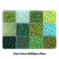 DIY jewelry kit with 3mm green seed beads in a 12-grid storage box, 6000 pieces - 12-Grid Bead Collection / Green System