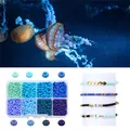 8-slot DIY beads kit featuring blue and green glass seed beads with alphabet charms - 8-Grid Painted Bead Kit / Blue Series