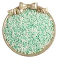 Handmade mint green and white frosted glass seed beads in a decorative gold bow tray - White Light Green And Green