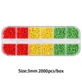 DIY bead kit with red, yellow, and green 3mm seed beads in a 12-slot storage box - 12-Grid Bead Collection / Solid Red Yellow Green