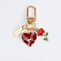 Golden heart and red rose keychain charm with elegant enamel finish and rhinestones - Rose Heart Tag Style (a5036-1)