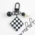 Minimalist black and white checkerboard acrylic square keychain with bell and pearl beads - Black White Checkerboard Style (5105-1)