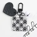 Acrylic square keychain with checkered smiley face and black leather heart pendant - Smiley Checkerboard Style (5105-2)