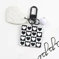 Minimalist black and white acrylic checkered heart keychain with leather heart charm - Heart Checkerboard Style (5105-3)