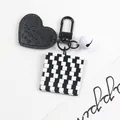Minimalist black and white checkerboard acrylic keychain with leather heart charm - Dense Heart Pattern Style (5105-4)