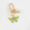 Golden butterfly keychain with yellow enamel charm and white pearl pendant for bags - Yellow Cyan Butterfly (5111-4)