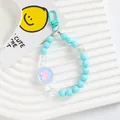 Detail of blue acrylic beaded lanyard with pink heart charm and plastic lobster clasp - Sky Blue (5167-1)