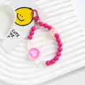 Close-up detail of a vibrant pink heart acrylic beaded phone strap and keychain pendant - Rose Pink (5167-2)