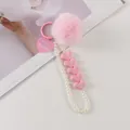 Pink faux fur pompom keychain with white pearl chain and heart charms detail - Pink (8196-7)