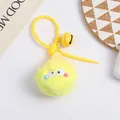 Detail of yellow faux fur pom pom keychain with cute eyes, golden bell and woven hat part - Yellow Style (5216-6)