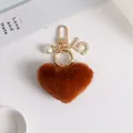 Brown faux fur heart keychain with gold metal hooks and pearl letter five charm - Brown