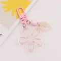 Macro view of pink iridescent acrylic five-petal flower keychain with frosted bead - Pink (yc5231-4)